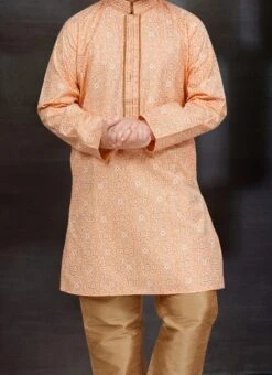 Peach Blended Cotton Printed Kids Boys Kurta Pyjama Festive Wear