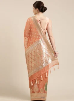 Peach Color Saree With Fabric Of Organza Sari Weaving Designer Work Festive Wear -Mahra Clothing Shop peach color saree with fabric of organza sari weaving designer work sasacw1569 b