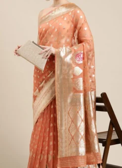 Peach Color Saree With Fabric Of Organza Sari Weaving Designer Work Festive Wear