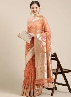 Peach Color Saree With Fabric Of Organza Sari Weaving Designer Work Festive Wear -Mahra Clothing Shop peach color saree with fabric of organza sari weaving designer work sasacw1569 u