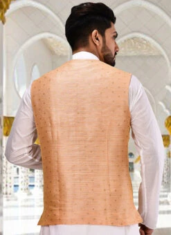 Peach Cotton Jacquard Nehru Jacket -Mahra Clothing Shop peach cotton jacquard nehru jacket jmkkac8 b