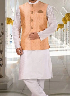 Peach Cotton Jacquard Nehru Jacket