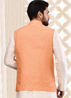 Peach Cotton Mulberry Jacquard Nehru Jacket -Mahra Clothing Shop peach cotton mulberry jacquard nehru jacket jmkkac2 b
