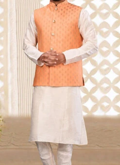Peach Cotton Mulberry Jacquard Nehru Jacket