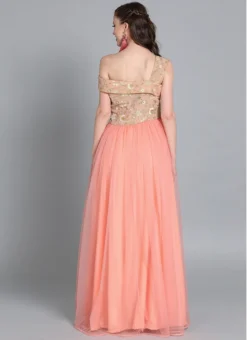 Peach Embroiderd Flap Style Flared Gown Party Wear -Mahra Clothing Shop peach embroiderd flap style flared gown IWBS01910312 b