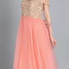 Peach Embroiderd Flap Style Flared Gown Party Wear