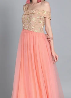 Peach Embroiderd Flap Style Flared Gown Party Wear