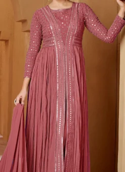 Peach Faux Georgette Mirror Work Anarkali Suit Party Wear