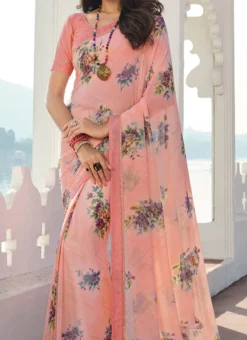 Peach Georgette Printed Work Saree Festive Wear