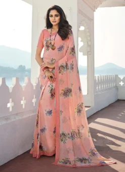 Peach Georgette Printed Work Saree Festive Wear -Mahra Clothing Shop peach georgette printed work saree sasacw4697 u