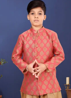 Peach Jacquard Silk Boys Indowestern Sherwani -Mahra Clothing Shop peach jacquard silk boys indowestern sherwani kdbmvs646 b