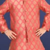 Peach Jacquard Silk Boys Indowestern Sherwani