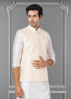 Peach Jacquard Silk Nehru Jacket -Mahra Clothing Shop peach jacquard silk nehru jacket jmkkvs483 b