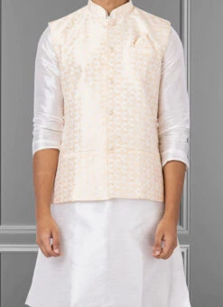 Peach Jacquard Silk Nehru Jacket