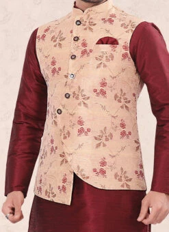 Peach Jacquard Silk Printed Nehru Jacket