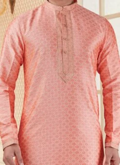 Peach Jari Jacquard Kurta Pyjama Party Wear