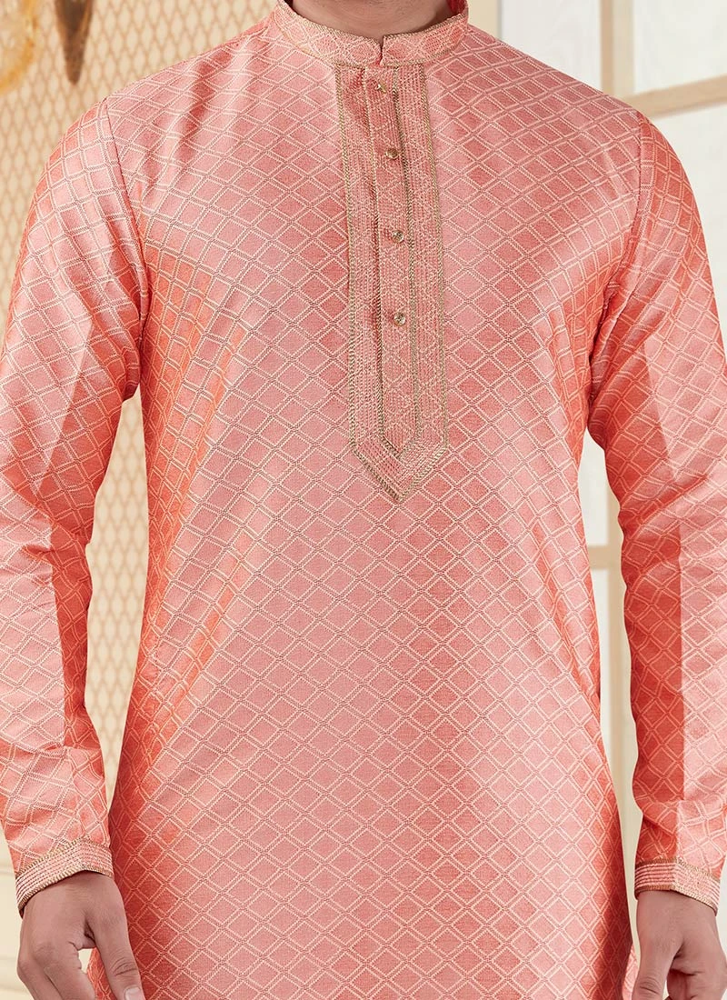 Peach Jari Jacquard Kurta Pyjama Party Wear 1 Peach Jari Jacquard Kurta Pyjama Party Wear