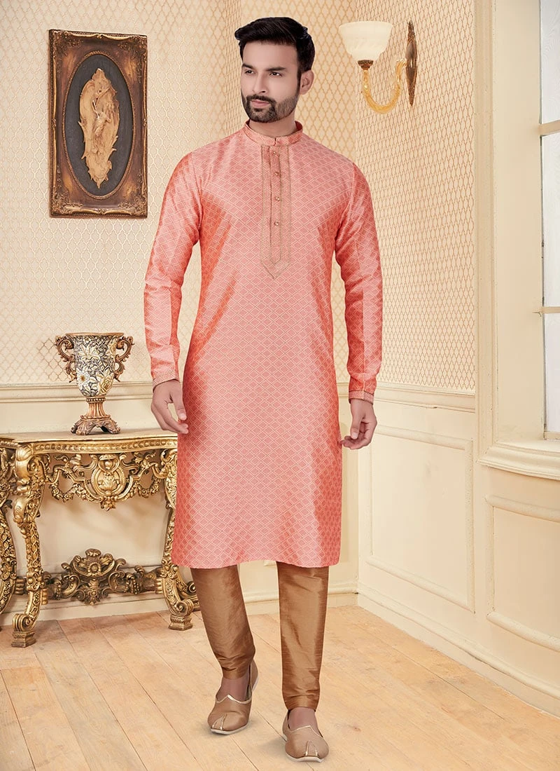 Peach Jari Jacquard Kurta Pyjama Party Wear 2 Peach Jari Jacquard Kurta Pyjama Party Wear - Image 2