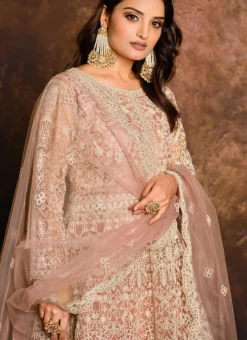 Peach Net Anarkali Suit Party Wear