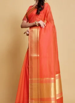 Peach Organza Weaving Work Saree Party Wear