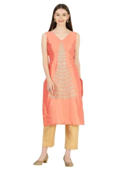 Peach Taffeta Silk Embroidery Kurta Straight Pant Set Party Wear -Mahra Clothing Shop peach taffeta silk embroidery kurta straight pant set krskinf9900509 u