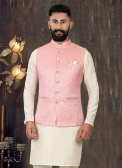 Pink Art Silk Brocade Nehru Jacket -Mahra Clothing Shop pink art silk brocade nehru jacket jmkmdc1380 b