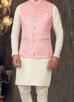 Pink Art Silk Brocade Nehru Jacket