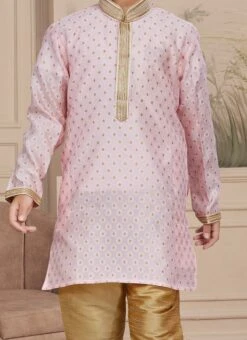 Pink Art Silk Embroidered Kurta Pyjama For Boys Festive Wear