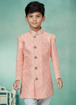 Pink Banarasi Silk Jacquard Indowestern Sherwani Party Wear -Mahra Clothing Shop pink banarasi silk jacquard indowestern sherwani kdbmsgrk546 b