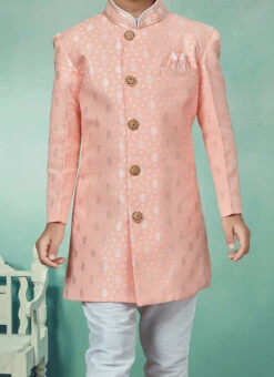 Pink Banarasi Silk Jacquard Indowestern Sherwani Party Wear