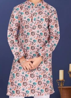 Pink Cotton Printed Boys Kurta Pyjama