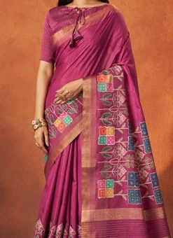 Pink Faux Crepe Printed Saree Festive Wear