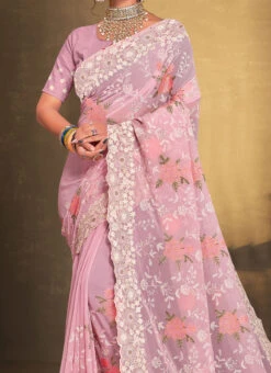 Pink Faux Georgette Embroidered Saree Party Wear