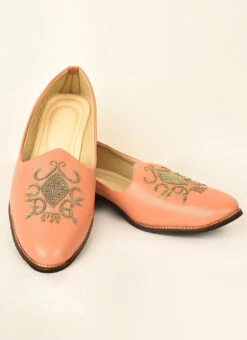 Pink Faux Leather Embroidered Mojri -Mahra Clothing Shop pink faux leather embroidered mojri mfwmrg298 b