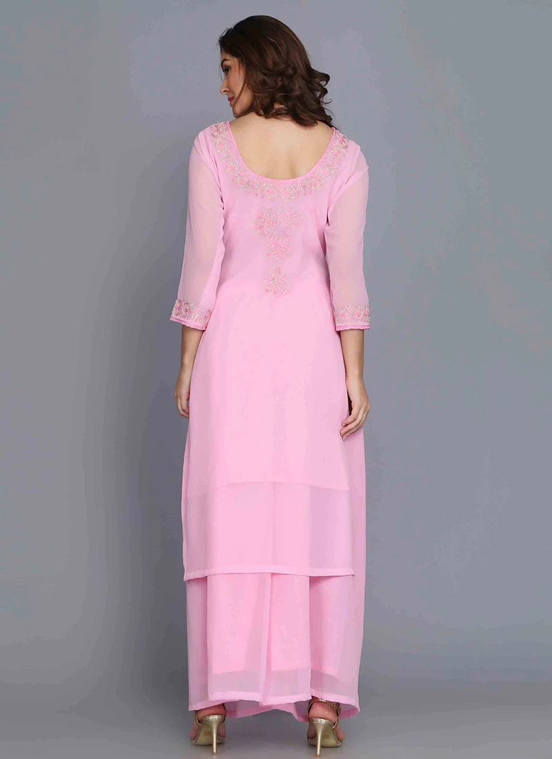 Pink Georgette Machine Embroidery Kurta Palazzo Set Party Wear 4 Pink Georgette Machine Embroidery Kurta Palazzo Set Party Wear - Image 4