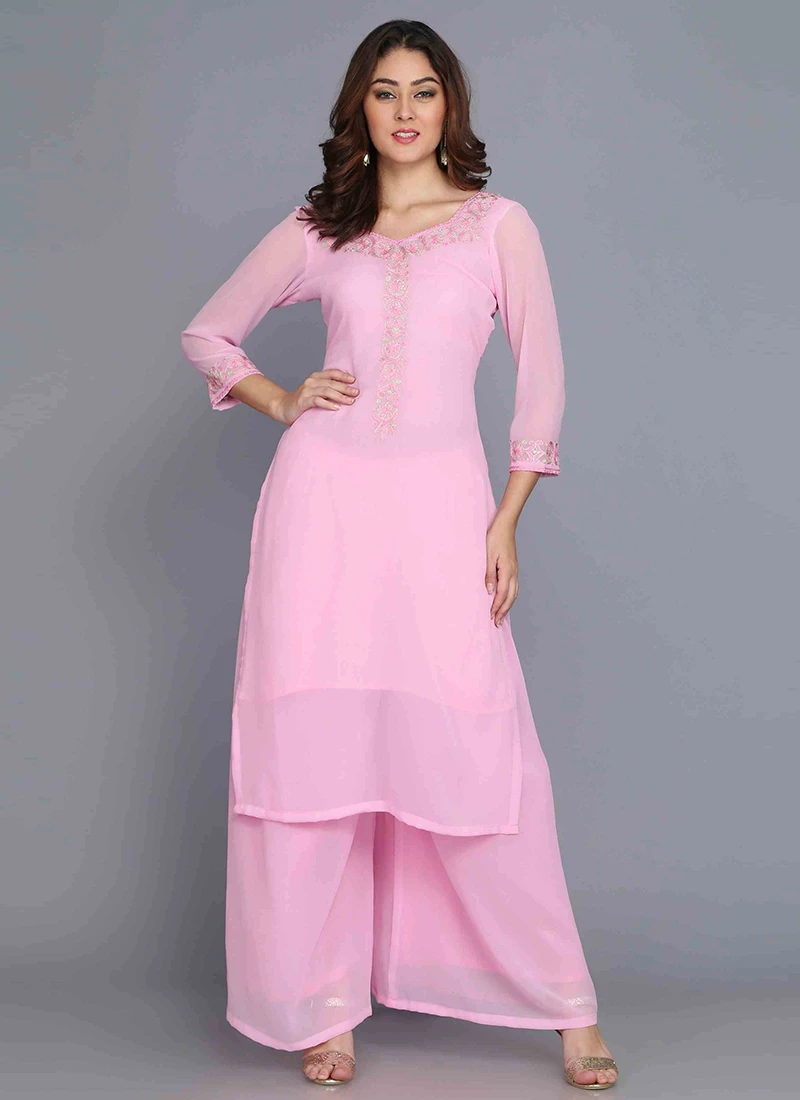 Pink Georgette Machine Embroidery Kurta Palazzo Set Party Wear 3 Pink Georgette Machine Embroidery Kurta Palazzo Set Party Wear - Image 3