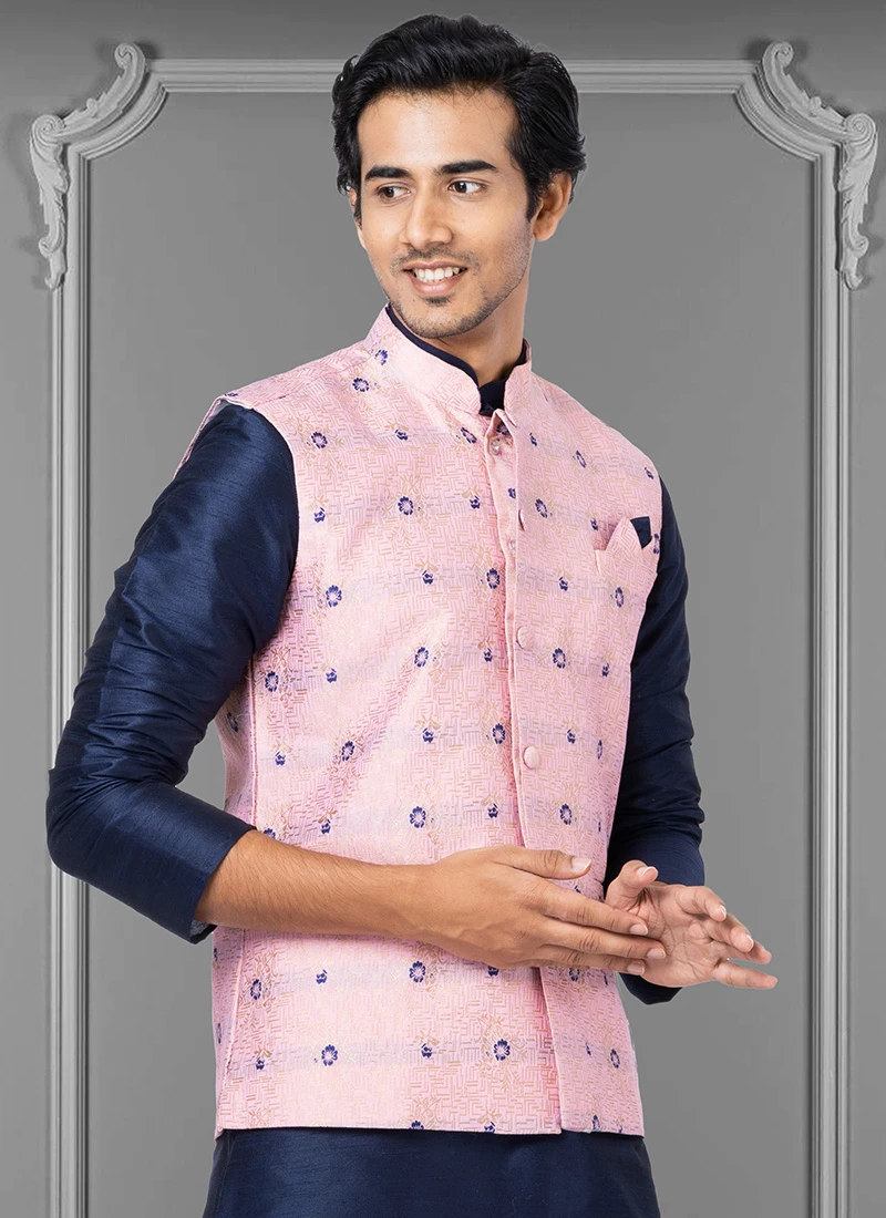 Pink Jacquard Silk Nehru Jacket 3 Pink Jacquard Silk Nehru Jacket - Image 3