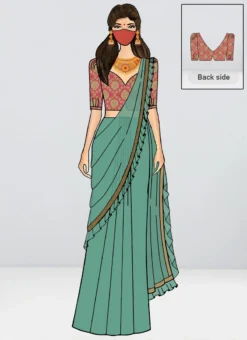 Pink N Green Embroidered Ruffled Saree Party Wear -Mahra Clothing Shop pink n green embroidered ruffled saree SABS02004478 u