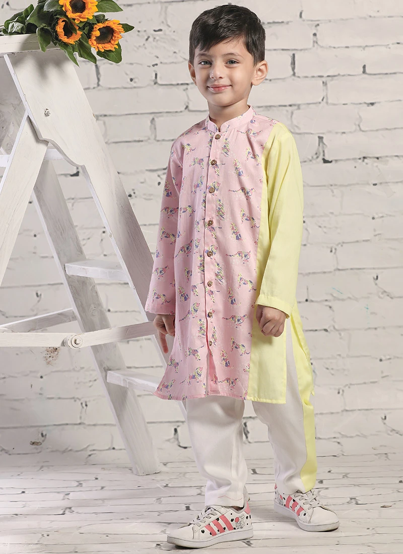 Pink N Yellow Pure Cotton Animal Printed Kurta Pyjama Party Wear 2 Pink N Yellow Pure Cotton Animal Printed Kurta Pyjama Party Wear - Image 2