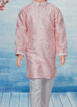 Pink Silk Dupion Printed Kids Kurta Pyjama Party Wear