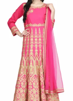 Pink Taffeta Gold Zari Anarkali Suit Party Wear