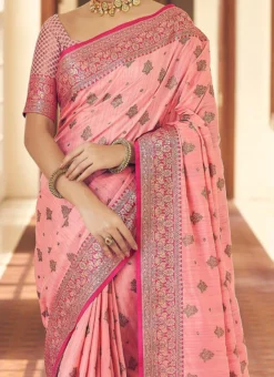 Pink Tussar Silk Weaving Work Traditional Saree Festive Wear