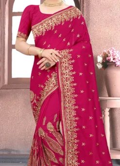 Pink Vichitra Silk Zari Embroidery Saree Party Wear