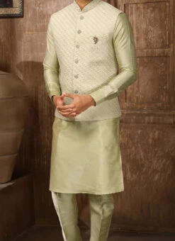 Pista Green Art Silk Banarasi Bandi Set Party Wear