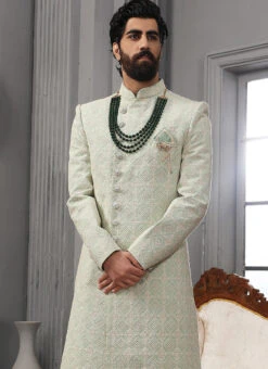 Pista Green Art Silk Lucknowi Embroidered Angrakha Sherwani Party Wear -Mahra Clothing Shop pista green art silk lucknowi embroidered angrakha sherwani shmac9030 b