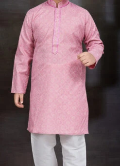 Pink Blended Cotton Printed Kids Boys Kurta Pyjama Festive Wear