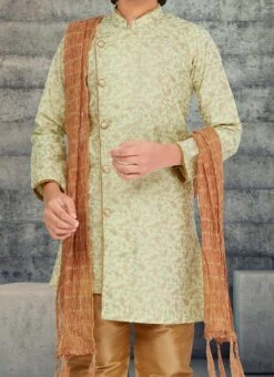 Pista Green Cotton Kids Boys Indowestern Sherwani Festive Wear