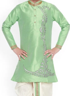 Pista Green Dupion Silk Embroidered Kurta Pyjama Party Wear