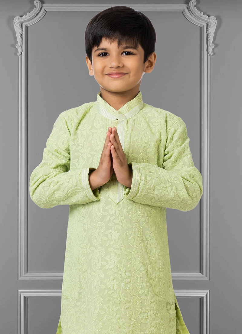 Pista Green Georgette Embroidered Boys Kurta Pyjama Party Wear 3 Pista Green Georgette Embroidered Boys Kurta Pyjama Party Wear - Image 3
