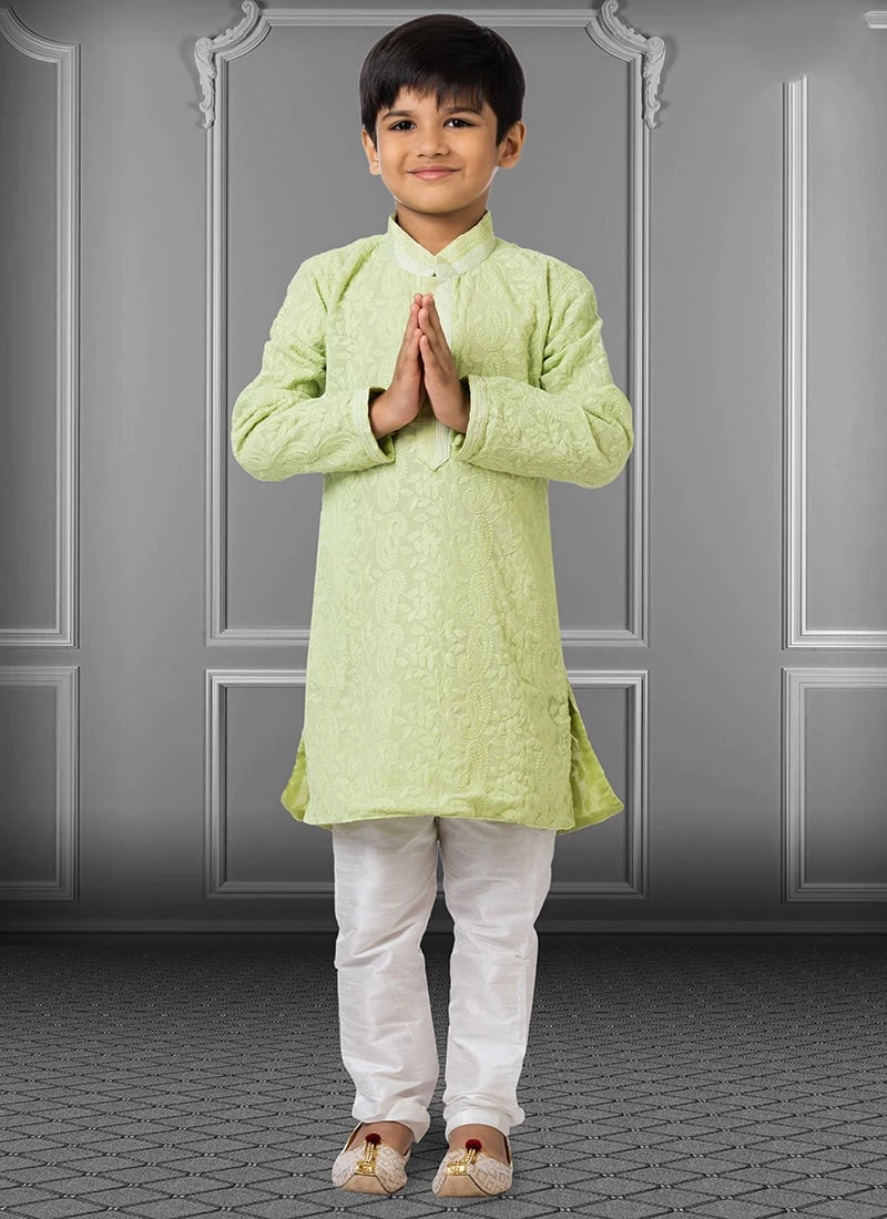Pista Green Georgette Embroidered Boys Kurta Pyjama Party Wear 2 Pista Green Georgette Embroidered Boys Kurta Pyjama Party Wear - Image 2